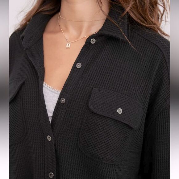 aerie XL Lumber Stone Washed True Black Waffle Knit Cotton Blend Oversized Shirt - Picture 5 of 14